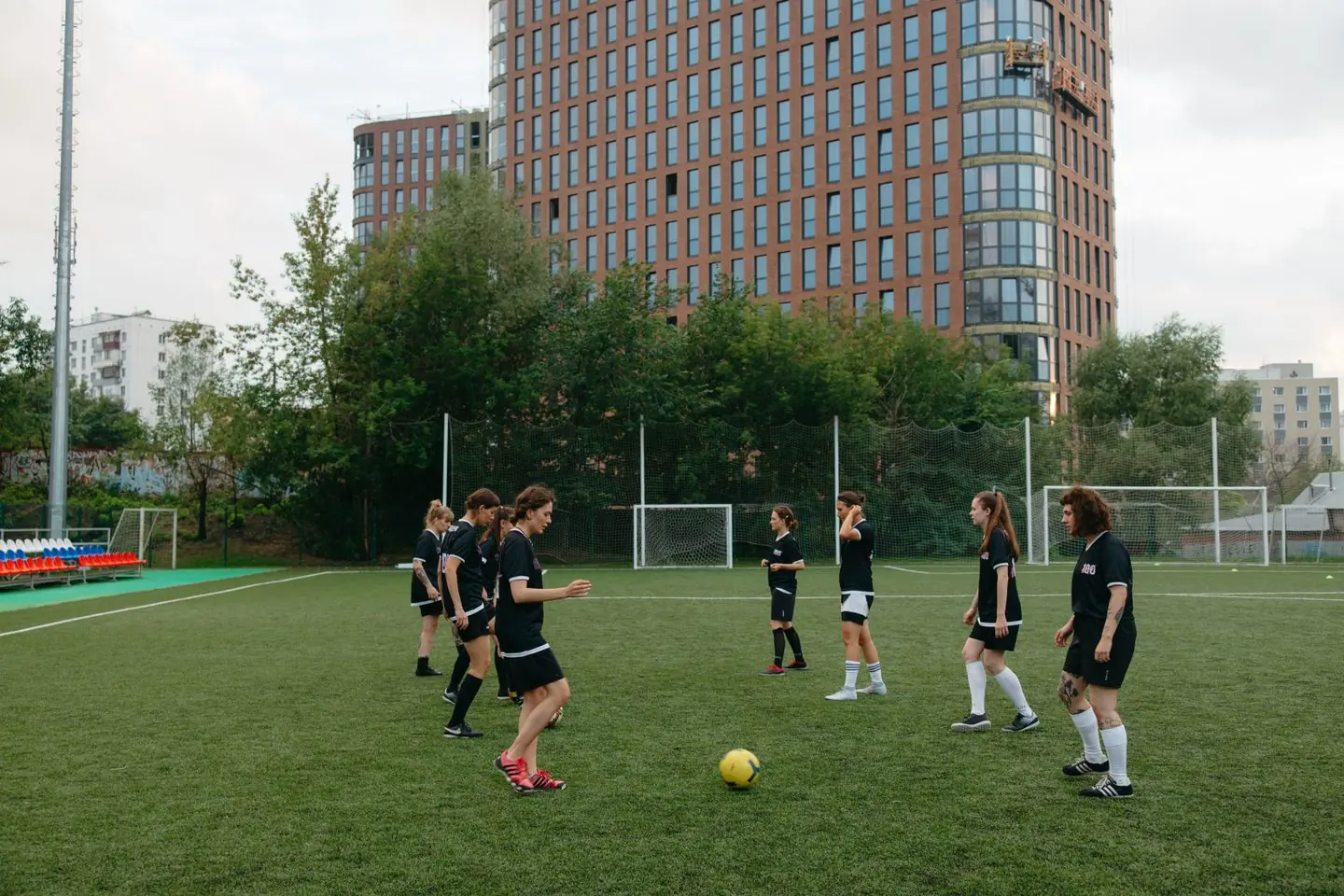 Soccer training on a grass field